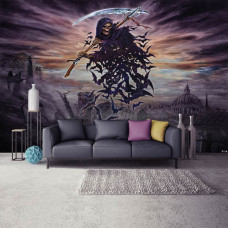 Eine Fototapete mit dem Titel "A Tithe to Hell" mit einem Skelett und Alchemie Thema für das Wohnzimmer.