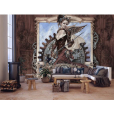 Eine Fototapete mit einem Sepia-Bild von Steam Jenny, geeignet für ein Wohnzimmer.