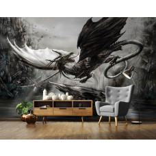 Eine Fototapete mit einem mythischen Drachen aus Yggdrasills Precious, geeignet für das Wohnzimmer.