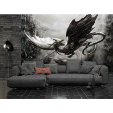 Eine Fototapete mit einem Drachen im Fantasy-Stil, ideal für das Wohnzimmer.