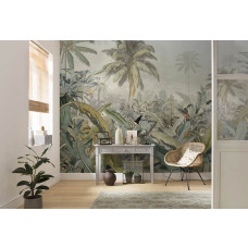 Eine Fototapete mit einer schönen Darstellung des Amazonas-Dschungels, voller Pflanzen und Blumen, in einem abenteuerlichen Stil. Dieses Design bringt eine tropische Atmosphäre ins Wohnzimmer.