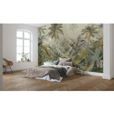 Eine Fototapete mit einer schönen Darstellung des Amazonas-Dschungels, voller Pflanzen und Blumen, in einem abenteuerlichen Stil.