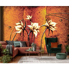 Eine Fototapete mit künstlerischen Blumen im abstrakten Kunststil für das Wohnzimmer.