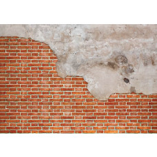 Fototapete von Ziegelwänden mit Beton- und Rottönen.