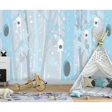 Eine Kindertapete mit blauen Bäumen im Wald für das Babyzimmer und das Kinderzimmer.