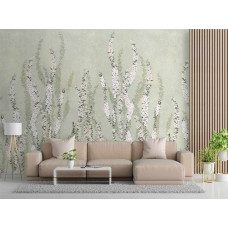 Fototapete Boho Blumenmotiv in Grau auf Wand mit floralen Mustern.