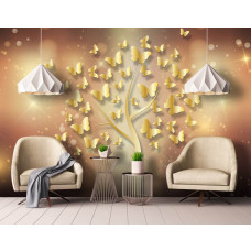 Eine Fototapete mit einem Baum voller goldener Schmetterlinge, die eine funkelnde Atmosphäre in einem Wohnzimmer schafft.
