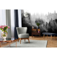 Eine Fototapete einer nebligen Waldlandschaft in der Natur für das Wohnzimmer.