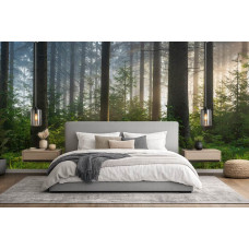 Fototapete mit einem ruhigen Wald im Morgenlicht in einem gemütlichen Schlafzimmer.