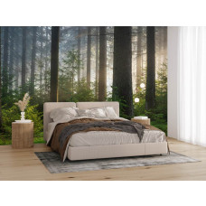 Fototapete mit hohen Bäumen und sanften Sonnenstrahlen in einem modernen Schlafzimmer.