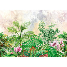 Fototapete mit Dschungelpflanzen und Blättern im botanischen Stil, frische grüne Farben für einen lebendigen Raum.