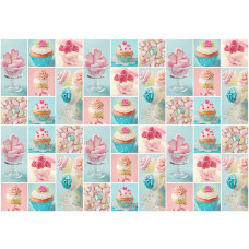 Fototapete mit Cupcakes und Süßigkeiten in rosa und blau, geeignet für Bäckereien oder Küchen.