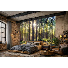 Fototapete mit einem sonnenverwöhnten Kiefernwald in einem gemütlichen Schlafzimmer.