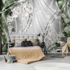 Eine Fototapete mit Diamanten auf einem smaragdgrünen und silbernen Hintergrund für das Schlafzimmer.