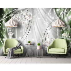 Eine Fototapete mit Diamanten auf einem smaragdgrünen und silbernen Hintergrund für das Wohnzimmer.