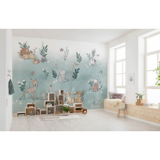 Eine Disney-Fototapete mit niedlichen Tierfreunden, die in einem Kinderzimmer zu sehen ist.