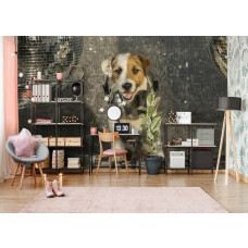 Fototapete mit einem tanzenden DJ-Hund für das Kinderzimmer.