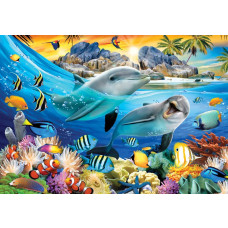 Delfine in einer Unterwasserwelt, Aquarium Fototapete mit Palmen und tropischem Flair.