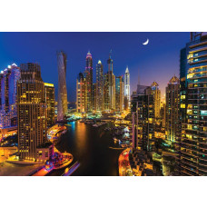 Fototapete von Dubai mit Wolkenkratzern und Wohnhäusern bei Nacht.