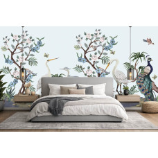 Fototapete im Chinoiserie-Stil mit Pfau und Reihern im Schlafzimmer.