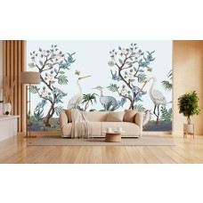 Fototapete exotische Vögel im Chinoiserie-Stil im Wohnzimmer.