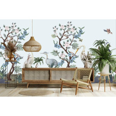 Fototapete mit Pfau, Reihern und Blüten im Chinoiserie-Stil im Wohnzimmer.