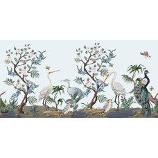 Fototapete exotische Vögel im Chinoiserie-Stil mit Pfau, Reihern, Blütenbäumen und Blumen.