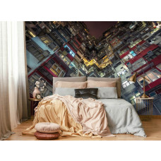 Eine Fototapete von einem Mehrfamilienhaus in einer Stadt für das Schlafzimmer.