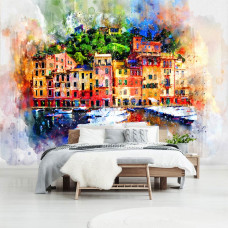 Fototapete mit gemaltem Hafen und Booten für das Schlafzimmer.