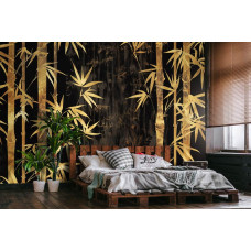 Eine Fototapete aus goldenem Bambus in einem minimalistischen Schlafzimmer.
