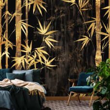 Eine Fototapete aus goldenem Bambus im Vliestapetenstil für ein Schlafzimmer.