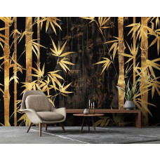 Eine Fototapete aus goldenem Bambus im Vliestapetenstil für ein Wohnzimmer.