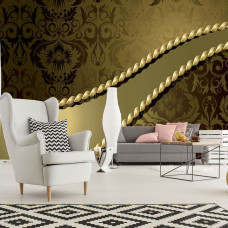 Eine goldene Ornament-Fototapete im modernen abstrakten Stil in einem stilvollen Wohnzimmer.