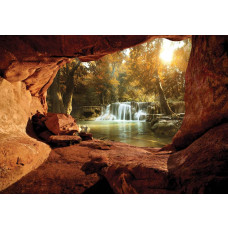 Höhle mit Blick auf einen Wasserfall, Fototapete mit einer beeindruckenden Naturszene für einen beruhigenden Raum.