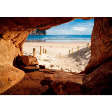 Höhle mit Blick auf Strand und Meer, 3D-Effekt Fototapete für eine exotische und beruhigende Atmosphäre.
