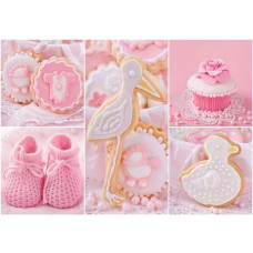 Fototapete mit dem Text 'It's a girl', rosa Babyzimmergestaltung im Cupcake-Stil.