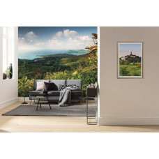 Eine Fototapete des bezaubernden Court of Eden auf Praslin, mit weitreichenden Blick auf die Landschaft.