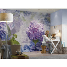 Eine Fototapete mit schönen Hortensien-Otaksa-Blüten, die in einem künstlerischen Stil dargestellt sind. Dieses Design schafft einen frischen und eleganten Look im Wohnzimmer.