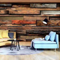 Fototapete mit 3D-Effekt aus Holzstreifen im Wohnzimmer.