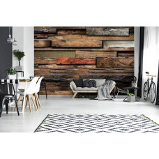 Fototapete mit 3D-Effekt aus Holzstreifen im Wohnzimmer.