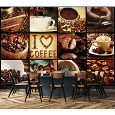 Eine Kaffeebohnen- und Cappuccino-Collage-Fototapete für das Esszimmer.