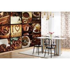 Eine Kaffee-Cappuccino-Collage-Fototapete mit Bohnen für die Küche.