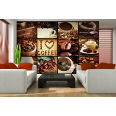 Eine Kaffee-Cappuccino-Collage-Fototapete mit Bohnen und Kunst für das Wohnzimmer.
