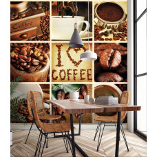 Eine Fototapete mit einer Collage aus weißen Kaffeebohnen und einer Collage für das Esszimmer und die Küche.
