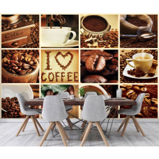 Eine Fototapete mit einer Collage aus weißen Kaffeebohnen für das Esszimmer.