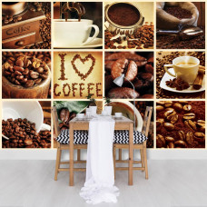 Eine Fototapete mit einer Collage aus weißen Kaffeebohnen für die Küche.