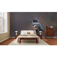 Fototapete mit einem eisvogel auf einem felsen im schlafzimmer mit sanften farben.