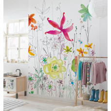 Eine Fototapete mit einer künstlerischen Darstellung von Blumen, entworfen von Joli, in einem abstrakten Stil. Dieser Druck verleiht dem Schlafzimmer einen künstlerischen und lebendigen Look.