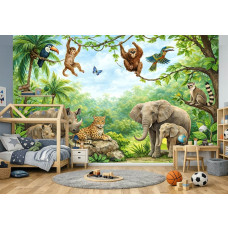 Fototapete mit Dschungel Tieren im Jungenzimmer mit starken Elefanten, einem Leoparden und üppigen Dschungelpflanzen.