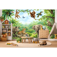 Fototapete mit Dschungel Tieren im Kinderzimmer mit bunten Vögeln, Affen und großen Elefanten in einer grünen Dschungellandschaft.